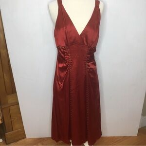 BCBGMAXAZRIA M Burnt Orange Silk Midi Studs Low Cut Dress Cocktail Sexy Y2K VTG